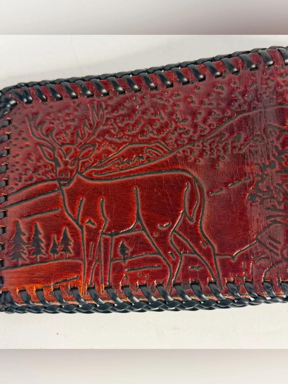 Vintage Tooled Leather Bifold Wallet Deer Eagle Mountain Western Hand Laced